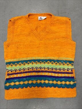Made in Mexico Men's Orange Merino Wool Vest with Multicolor Fair Isle Pattern